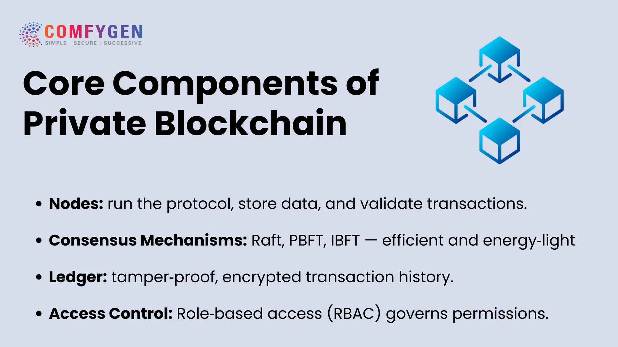 Core Components of
Private Blockchain
Nodes: run the protocol, store data, and validate transactions.
Consensus Mechanisms: Raft, PBFT, IBFT — efficient and energy‑light
Ledger: tamper‑proof, encrypted transaction history.
Access Control: Role‑based access (RBAC) governs permissions.
 