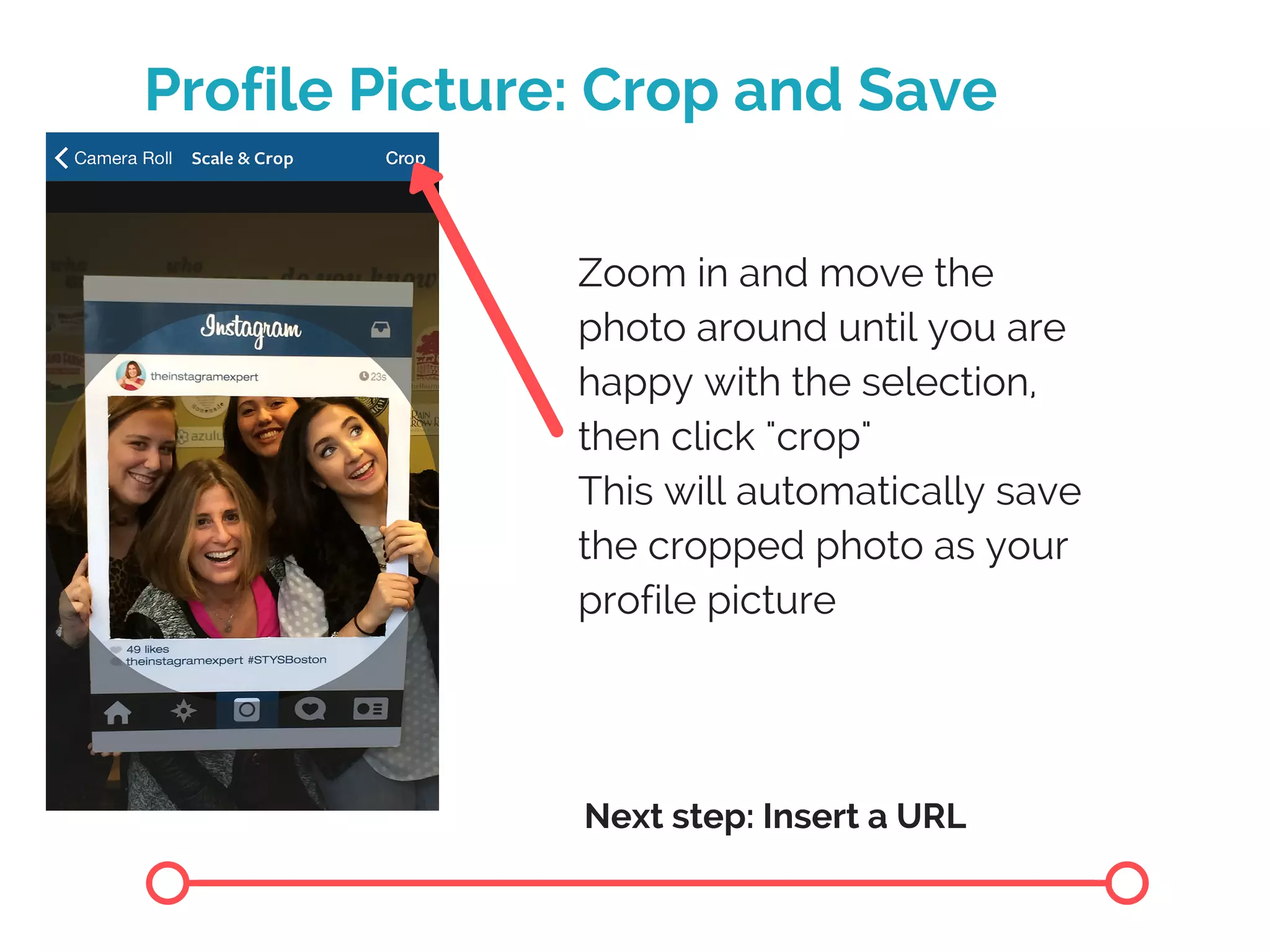 Profile Picture: Crop and Save
Zoom in and move the
photo around until you are
happy with the selection,
then click "crop"
This will automatically save
the cropped photo as your
profile picture
Next step: Insert a URL
 