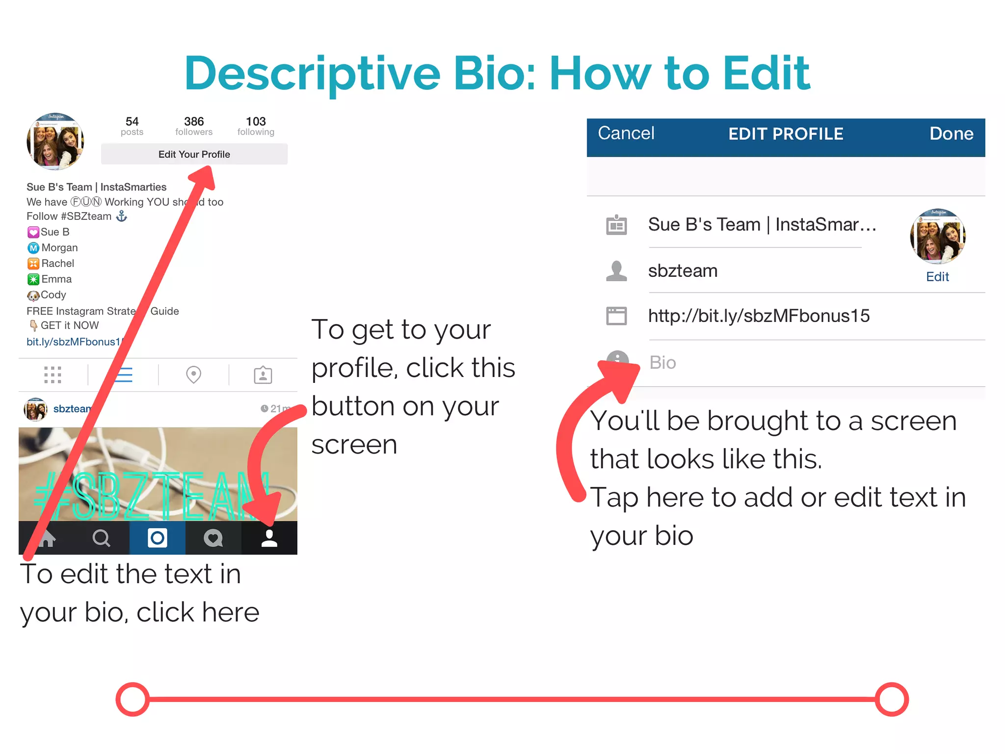 Descriptive Bio: How to Edit
To get to your
profile, click this
button on your
screen
To edit the text in
your bio, click here
You'll be brought to a screen
that looks like this.
Tap here to add or edit text in
your bio
 