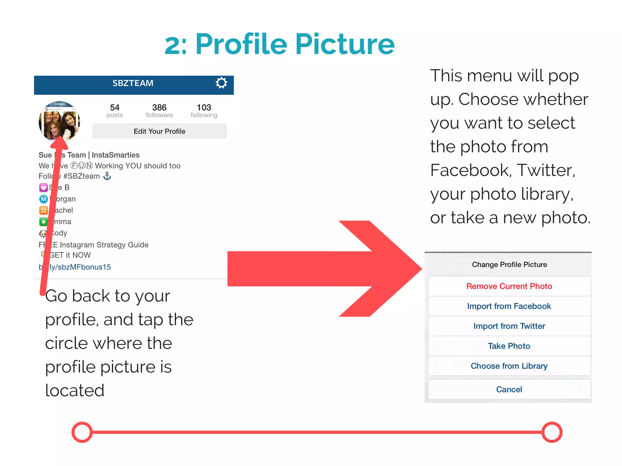 2: Profile Picture
Go back to your
profile, and tap the
circle where the
profile picture is
located
This menu will pop
up. Choose whether
you want to select
the photo from
Facebook, Twitter,
your photo library,
or take a new photo.
 