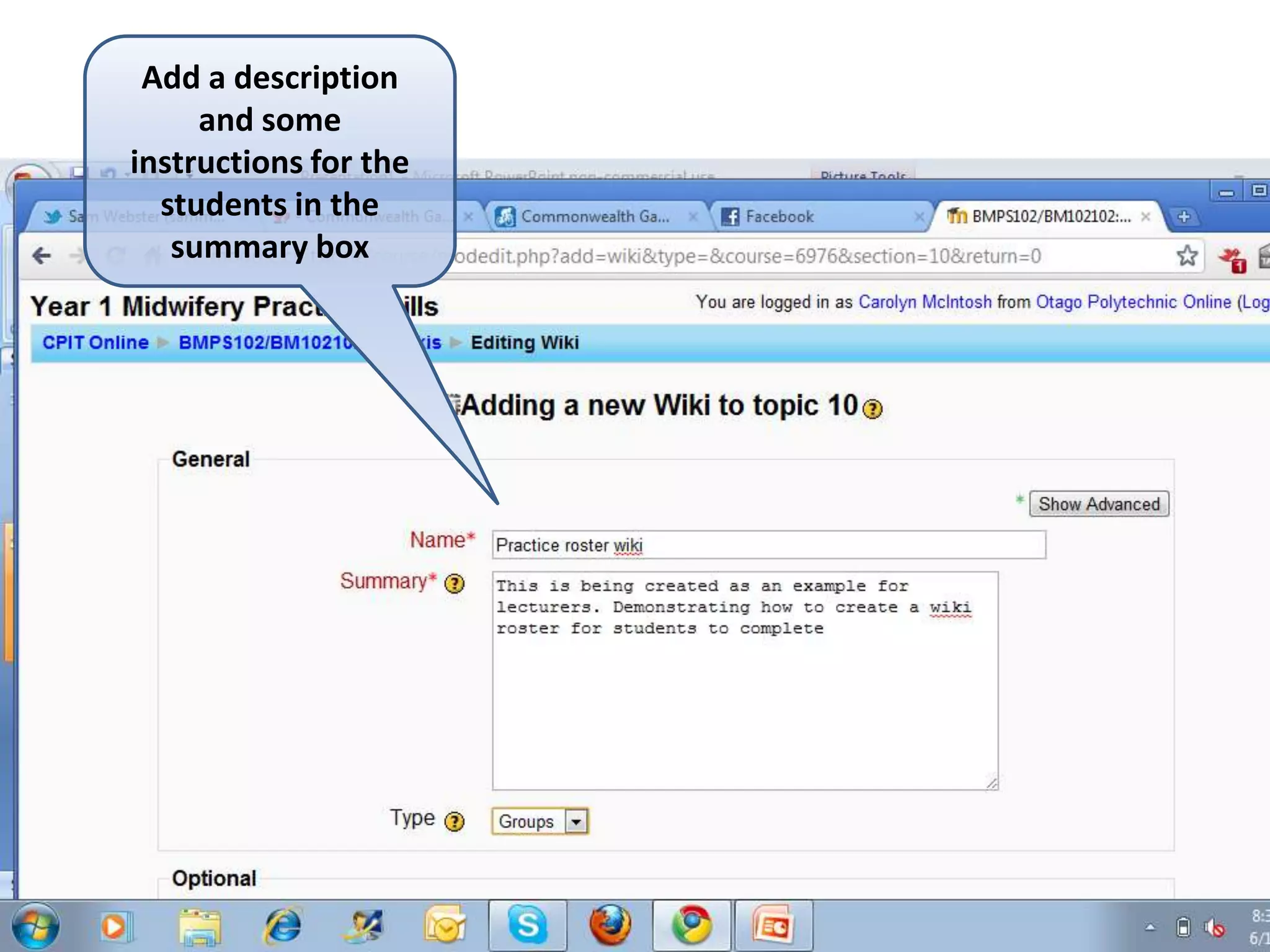 Add a description and some instructions for the students in the summary box