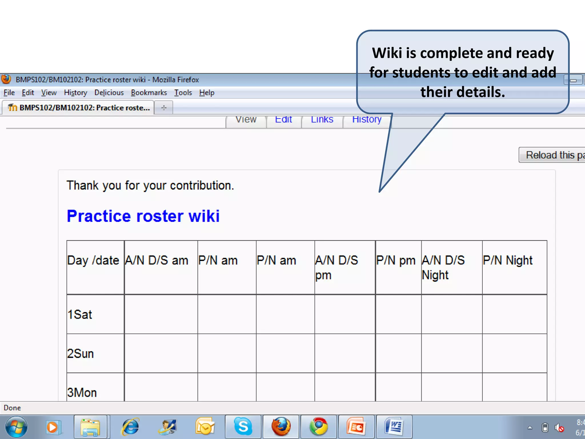 Wiki is complete and ready for students to edit and add their details.