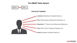 PRODUCT
The SMART Sales System
TARGET
Size: Small businesses, Multinational Corporations, etc.
Industries: Manufacturers, Hospitals, Banks, etc.
Department: IT, Finance, Human Resources, Marketing, etc.
Title: CXOs, VPs of IT, Directors of Operations, etc.
Broad: Businesses, Individuals, People, etc.
FOR SALES TRAINERS
 