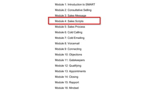 Module 1: Introduction to SMART
Module 2: Consultative Selling
Module 3: Sales Message
Module 4: Sales Scripts
Module 5: Sales Process
Module 6: Cold Calling
Module 7: Cold Emailing
Module 8: Voicemail
Module 9: Connecting
Module 10: Objections
Module 11: Gatekeepers
Module 12: Qualifying
Module 13: Appointments
Module 14: Closing
Module 15: Rapport
Module 16: Mindset
 