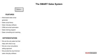 PRODUCT
The SMART Sales System
FEATURES
• Web-based sales script
generator
• Sales script library
• Sales role-play software
• CRM and email automation
• Sales training program
• Sales consulting and coaching
DIFFERENTIATION
• We are the only sales tool that
helps with what to say
• We are a true consultative
selling approach
• We provide the only AI-driven
sales role-play software
 
