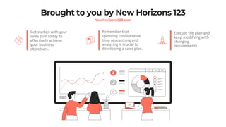 Brought to you by New Horizons 123
NewHorizons123.com
Get started with your
sales plan today to
effectively achieve
your business
objectives.
Remember that
spending considerable
time researching and
analyzing is crucial to
developing a sales plan.
Execute the plan and
keep modifying with
changing
requirements.
 