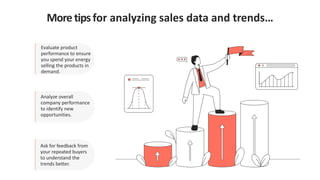 Moretipsfor analyzing sales data and trends…
Evaluate product
performance to ensure
you spend your energy
selling the products in
demand.
Analyze overall
company performance
to identify new
opportunities.
Ask for feedback from
your repeated buyers
to understand the
trends better.
 