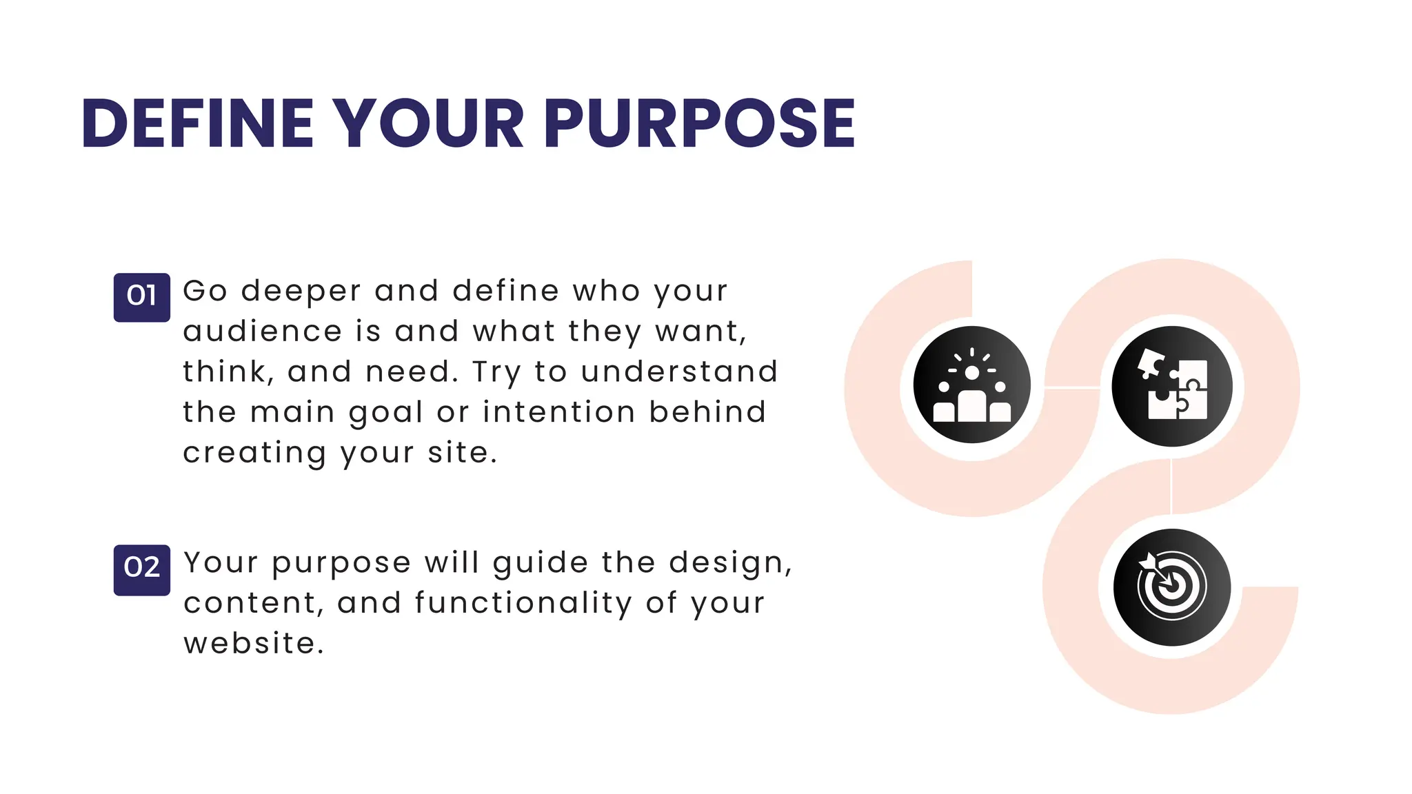 01 Go deeper and define who your
audience is and what they want,
think, and need. Try to understand
the main goal or intention behind
creating your site.
DEFINE YOUR PURPOSE
02 Your purpose will guide the design,
content, and functionality of your
website.
 