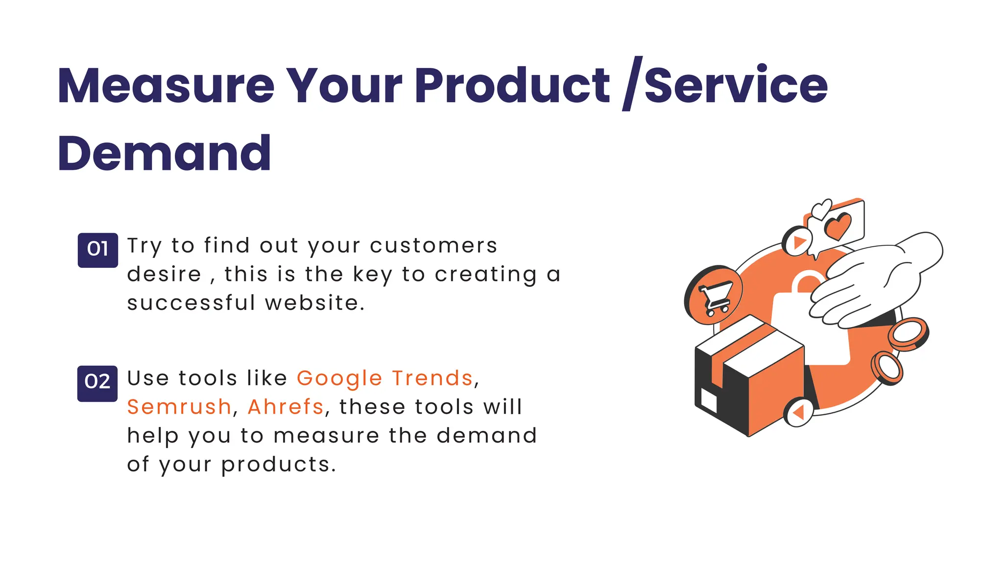01
02
Measure Your Product /Service
Demand
Try to find out your customers
desire , this is the key to creating a
successful website.
Use tools like Google Trends,
Semrush, Ahrefs, these tools will
help you to measure the demand
of your products.
 