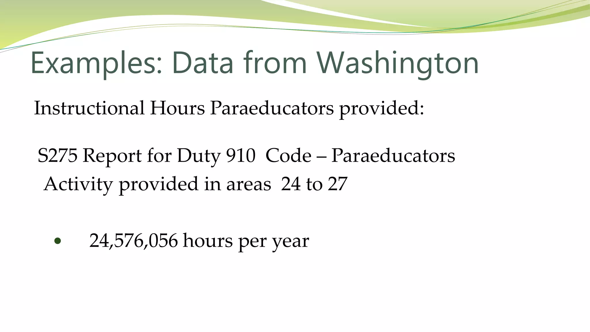 Examples: Data from Washington
Instructional Hours Paraeducators provided:
S275 Report for Duty 910 Code – Paraeducators
Activity provided in areas 24 to 27
 24,576,056 hours per year
 