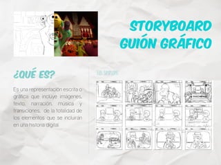 Es una representación escrita o
gráfica que incluye imágenes,
texto, narración, música y
transiciones, de la totalidad de
los elementos que se incluirán
en una historia digital.
'Los Simpsons'
¿Qué es?
Storyboard
Guión Gráfico
 