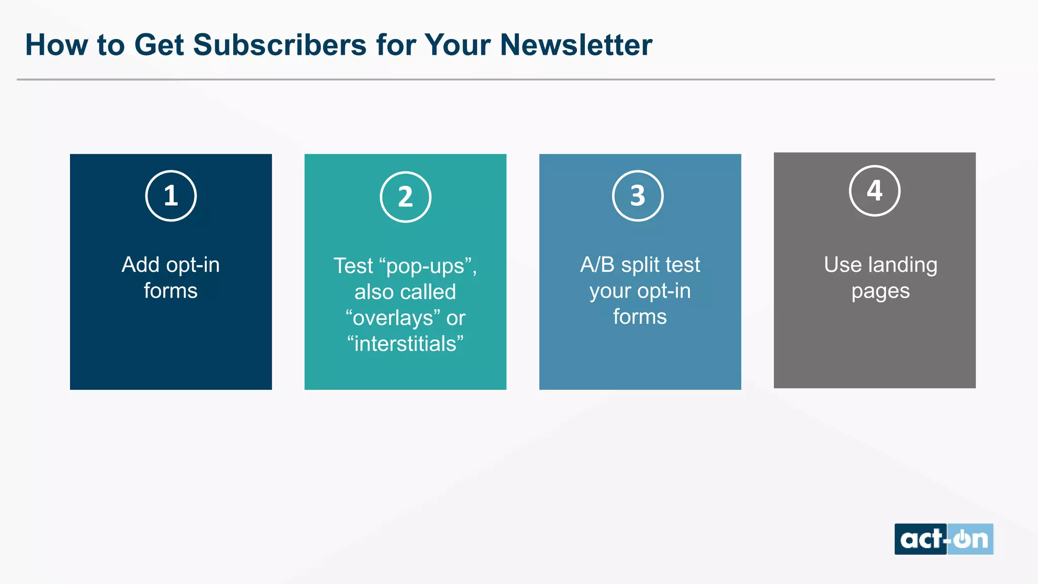 How to Get Subscribers for Your Newsletter
Add opt-in
forms
Test “pop-ups”,
also called
“overlays” or
“interstitials”
Use landing
pages
A/B split test
your opt-in
forms
1 2 3 4
 