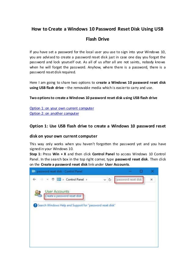 How to create a windows 10 password reset disk using usb flash drive