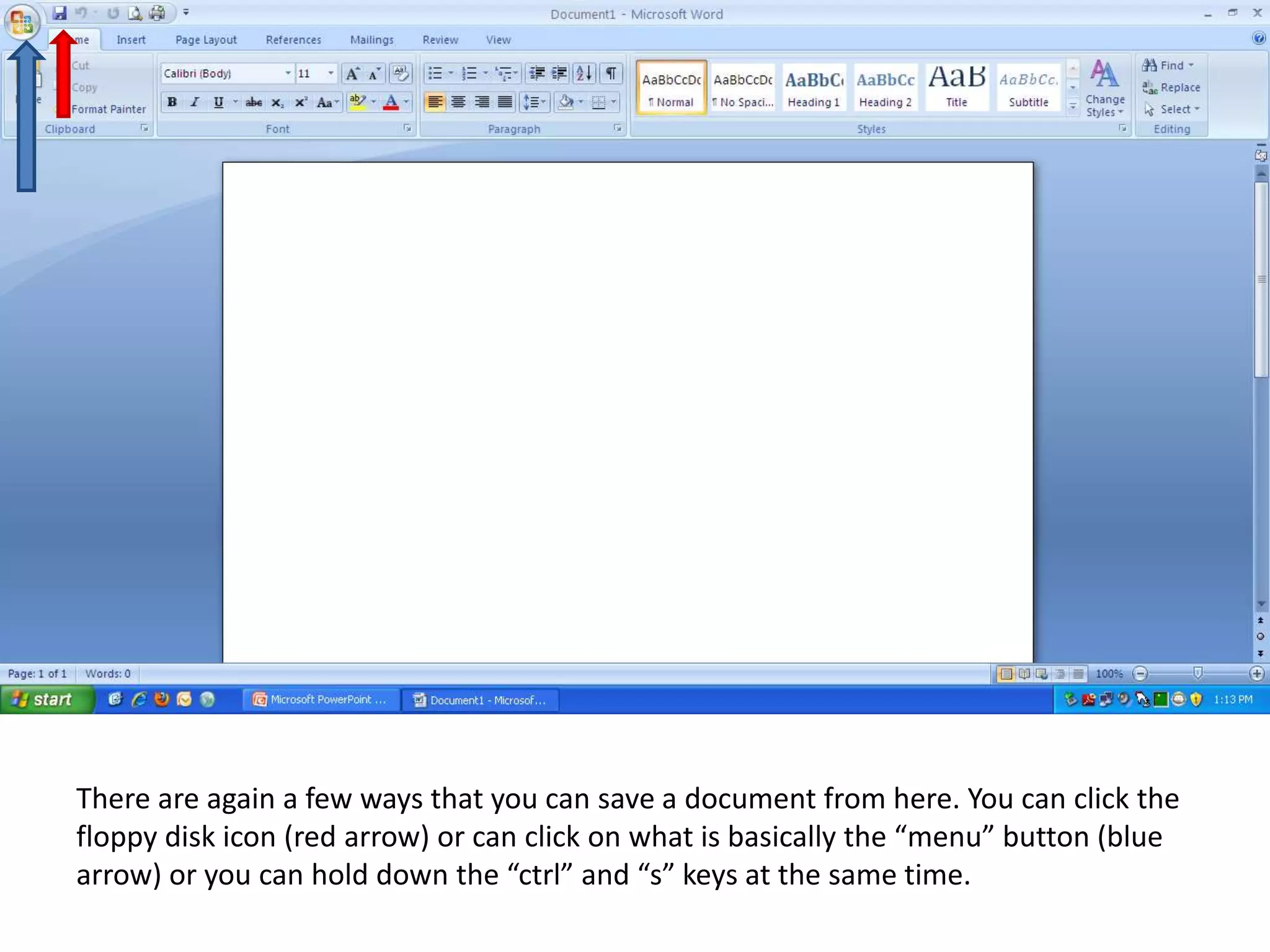 There are again a few ways that you can save a document from here. You can click the floppy disk icon (red arrow) or can click on what is basically the “menu” button (blue arrow) or you can hold down the “ctrl” and “s” keys at the same time.  