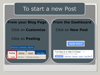 From your Blog Page From the Dashboard Click on  Customize Click on  Posting Click on  New Post 