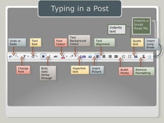 Undo or  Redo Change  Font Text Size Bold, Italic Strike through Font Colour Text  Background Colour Hyperlink text Insert  Picture Text Alignment Bullet Points Quote text Remove Formatting Insert  Jump Break Indents text Inserts a break Read Me 