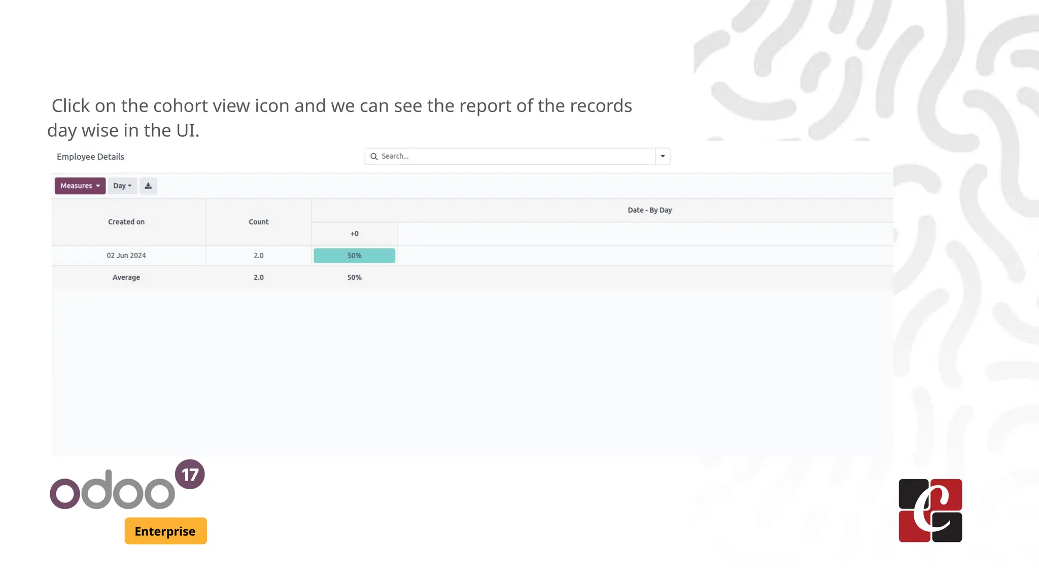 Enterprise Click on the cohort view icon and we can see the report of the records day wise in the UI. 