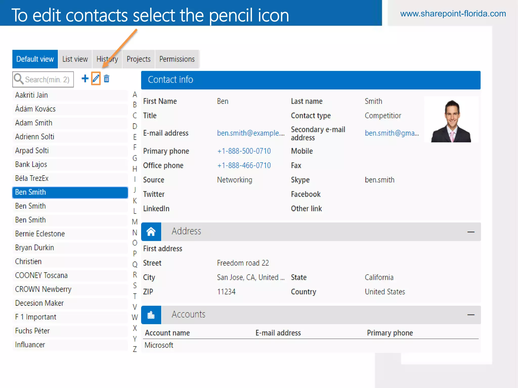www.sharepoint-florida.com
To edit contacts select the pencil icon
 