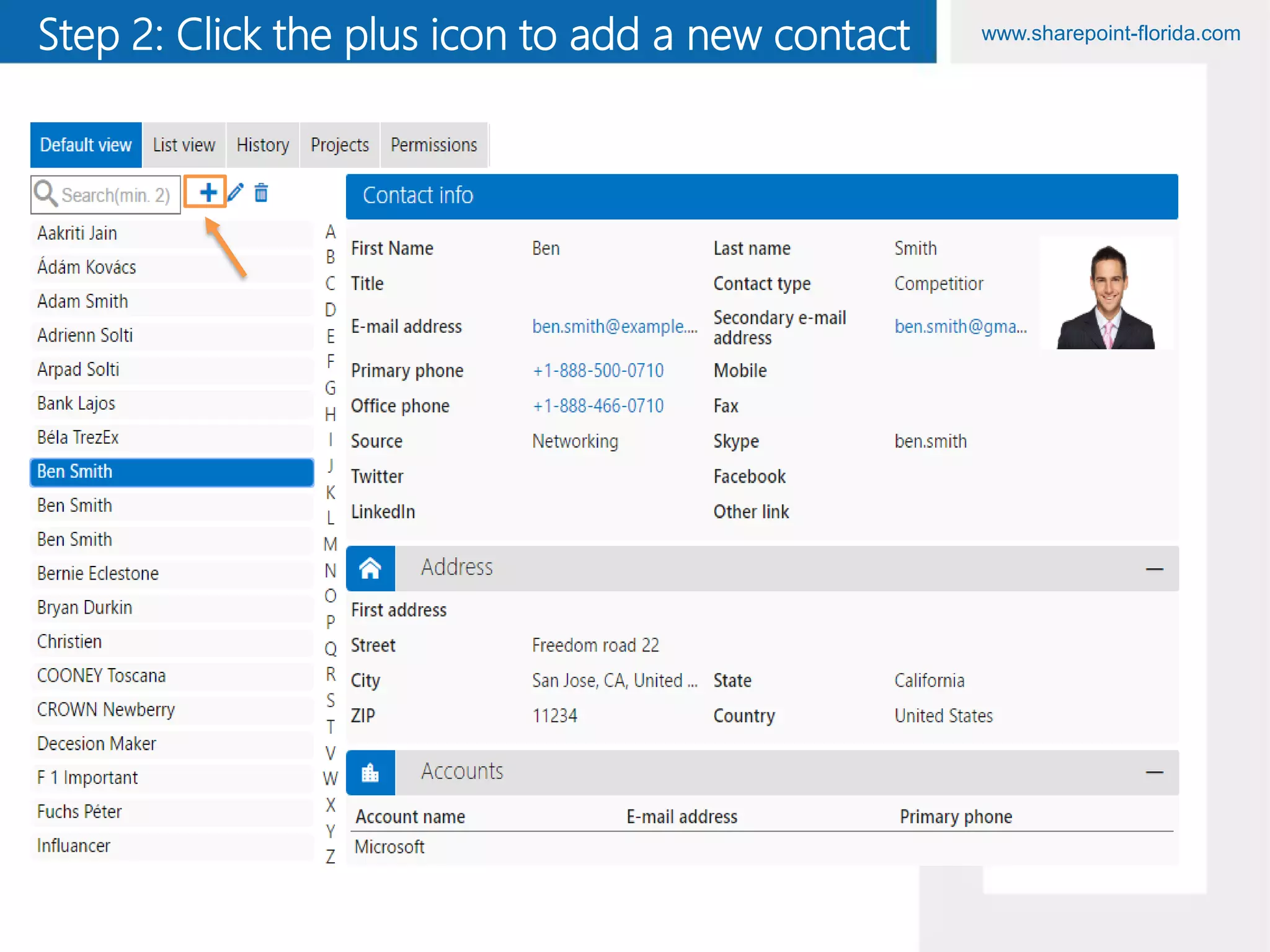 www.sharepoint-florida.comStep 2: Click the plus icon to add a new contact
 