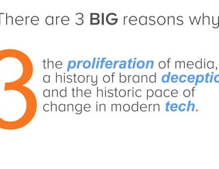 There are 3 BIG reasons why:
the proliferation of media,
a history of brand deception,
and the historic pace of
change in modern tech.

(Via @Shannopop)

Jay Acunzo - @jay_zo

 