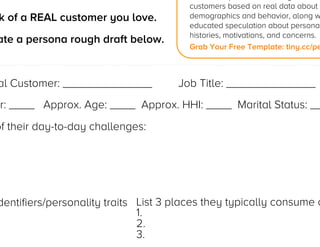 Exercise! Buyer Persona
1. Think of a REAL customer you love.
2. Create a persona rough draft below.

My Real Customer: ______________

What Are Buyer Personas?
Fictional representations of your ideal
customers based on real data about
demographics and behavior, along with
educated speculation about personal
histories, motivations, and concerns.
Grab Your Free Template: tiny.cc/persona

Job Title: ______________

Gender: ____ Approx. Age: ____ Approx. HHI: ____ Marital Status:
____
List 3 of their day-to-day challenges:
1.

2.
3.
List 3 identifiers/personality traits
1.
2.
3.

List 3 places they consume content
1.
2.
3.
Jay Acunzo - @jay_zo

 