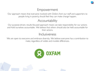 Empowerment
Our approach means that everyone involved with Oxfam, from our staff and supporters to
people living in poverty, should feel they can make change happen.
Accountability
Our purpose-driven, results-focused approach means we take responsibility for our actions
and hold ourselves accountable. We believe that others should also be held accountable for
their actions.
Inclusiveness
We are open to everyone and embrace diversity. We believe everyone has a contribution to
make, regardless of visible and invisible differences.
 