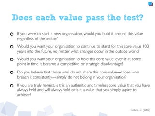 Does each value pass the test?
If you were to start a new organisation, would you build it around this value
regardless of the sector?
Would you want your organisation to continue to stand for this core value 100
years into the future, no matter what changes occur in the outside world?
Would you want your organisation to hold this core value, even it at some
point in time it became a competitive or strategic disadvantage?
Do you believe that those who do not share this core value―those who
breach it consistently―simply do not belong in your organisation?
If you are truly honest, is this an authentic and timeless core value that you have
always held and will always hold or is it a value that you simply aspire to
achieve?
Collins, J.C. (2002)
 