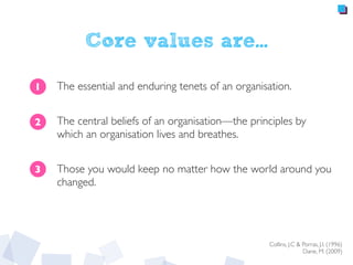 Core values are...
The essential and enduring tenets of an organisation.
The central beliefs of an organisation—the principles by
which an organisation lives and breathes.
Those you would keep no matter how the world around you
changed.
Collins, J.C & Porras, J.I. (1996)
Dane, M. (2009)
1
2
3
 
