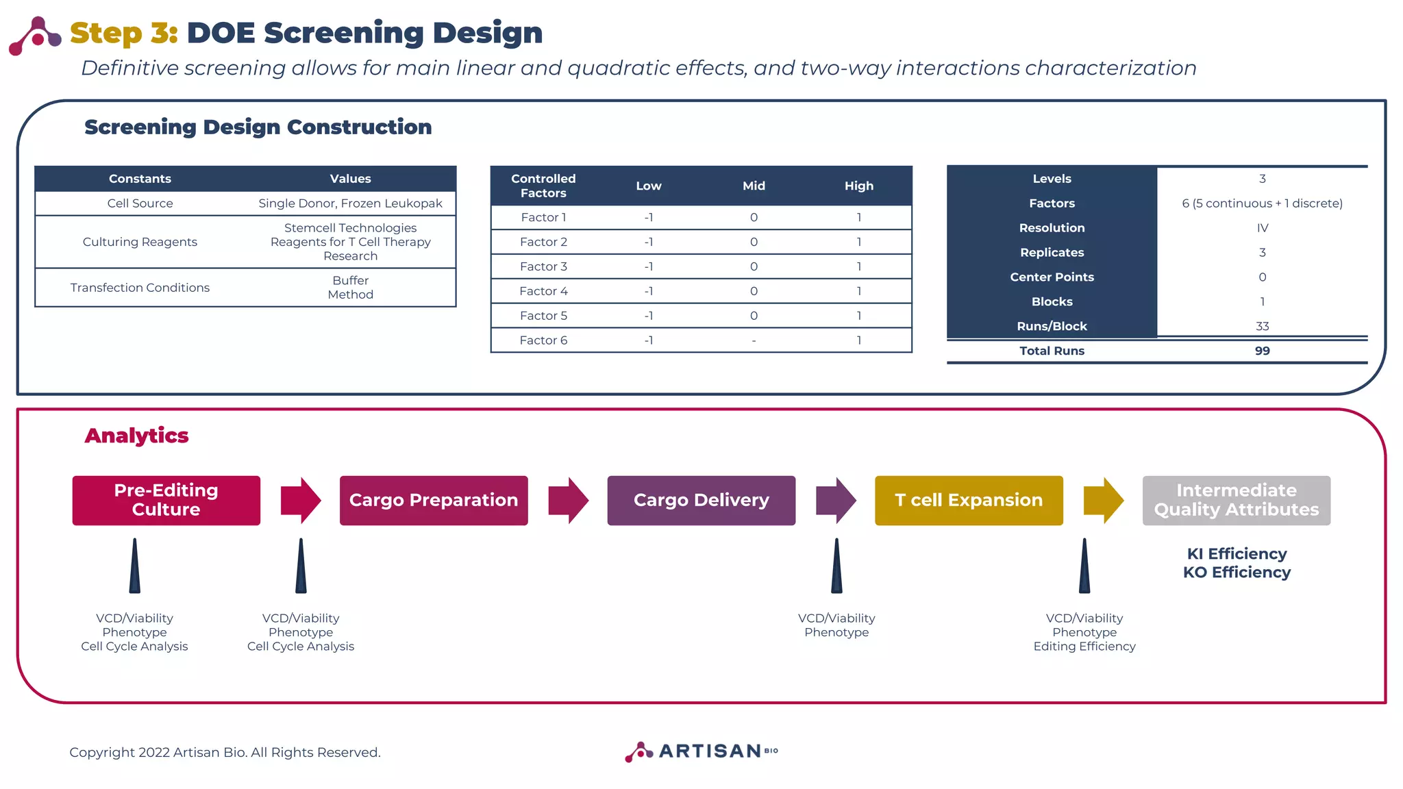 Copyright 2022 Artisan Bio. All Rights Reserved.
Step 3: DOE Screening Design
Constants Values
Cell Source Single Donor, Frozen Leukopak
Culturing Reagents
Stemcell Technologies
Reagents for T Cell Therapy
Research
Transfection Conditions
Buffer
Method
Levels 3
Factors 6 (5 continuous + 1 discrete)
Resolution IV
Replicates 3
Center Points 0
Blocks 1
Runs/Block 33
Total Runs 99
Definitive screening allows for main linear and quadratic effects, and two-way interactions characterization
Controlled
Factors
Low Mid High
Factor 1 -1 0 1
Factor 2 -1 0 1
Factor 3 -1 0 1
Factor 4 -1 0 1
Factor 5 -1 0 1
Factor 6 -1 - 1
Screening Design Construction
Pre-Editing
Culture
Cargo Preparation Cargo Delivery T cell Expansion
Intermediate
Quality Attributes
VCD/Viability
Phenotype
Cell Cycle Analysis
VCD/Viability
Phenotype
VCD/Viability
Phenotype
Cell Cycle Analysis
VCD/Viability
Phenotype
Editing Efficiency
KI Efficiency
KO Efficiency
Analytics
 