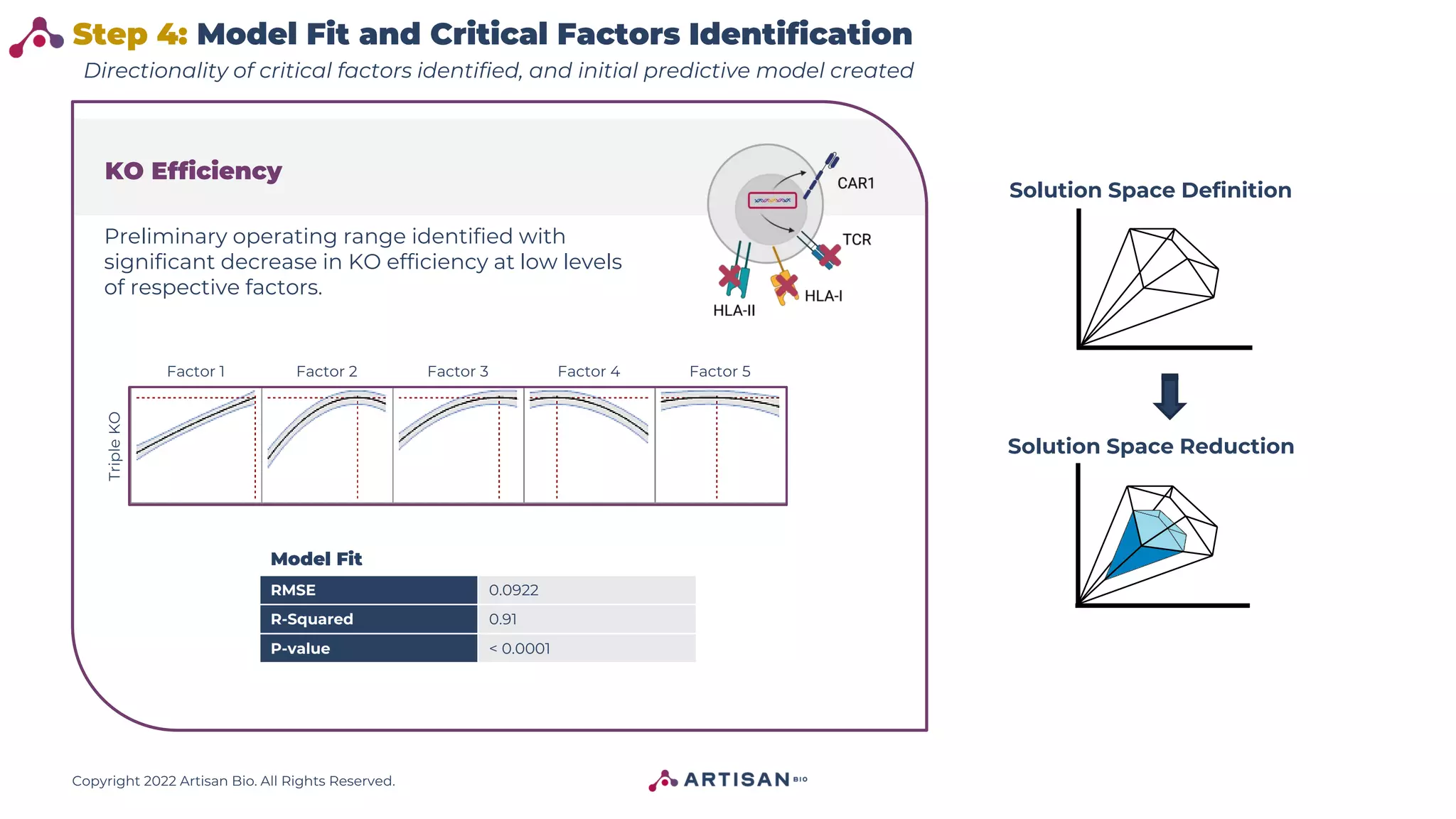 Copyright 2022 Artisan Bio. All Rights Reserved.
Step 4: Model Fit and Critical Factors Identification
Triple
KO
RMSE 0.0922
R-Squared 0.91
P-value < 0.0001
KO Efficiency
Model Fit
Directionality of critical factors identified, and initial predictive model created
Preliminary operating range identified with
significant decrease in KO efficiency at low levels
of respective factors.
Factor 1 Factor 2 Factor 3 Factor 4 Factor 5
Solution Space Definition
Solution Space Reduction
 