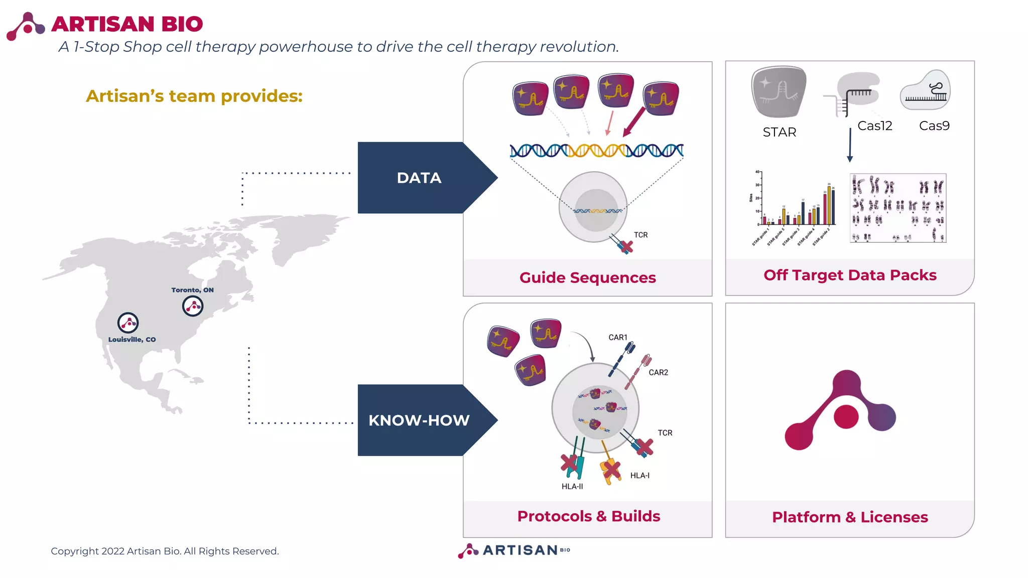 Copyright 2022 Artisan Bio. All Rights Reserved.
ARTISAN BIO
DATA
KNOW-HOW
Cas9
Cas12
Off Target Data Packs
Protocols & Builds
Artisan’s team provides:
Platform & Licenses
Guide Sequences
STAR
Toronto, ON
Louisville, CO
A 1-Stop Shop cell therapy powerhouse to drive the cell therapy revolution.
 