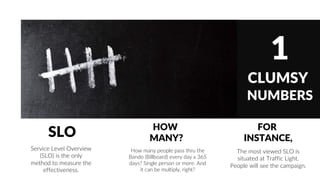 1
CLUMSY
NUMBERS
SLO HOW
MANY?
FOR
INSTANCE,
Service Level Overview
(SLO) is the only
method to measure the
effectiveness.
How many people pass thru the
Bando (Billboard) every day x 365
days? Single person or more. And
it can be multiply, right?
The most viewed SLO is
situated at Traffic Light.
People will see the campaign.
 