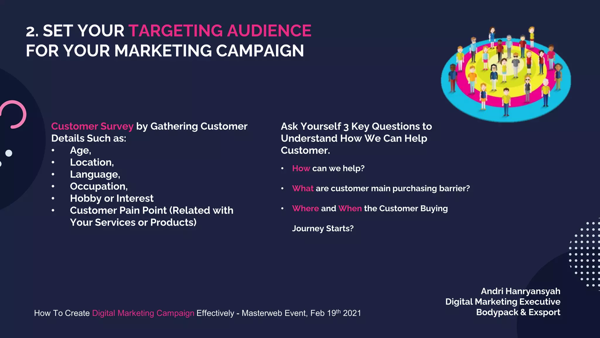 How To Create Digital Marketing Campaign Effectively - Masterweb Event, Feb 19th 2021
Andri Hanryansyah
Digital Marketing Executive
Bodypack & Exsport
2. SET YOUR TARGETING AUDIENCE
FOR YOUR MARKETING CAMPAIGN
Customer Survey by Gathering Customer
Details Such as:
• Age,
• Location,
• Language,
• Occupation,
• Hobby or Interest
• Customer Pain Point (Related with
Your Services or Products)
Ask Yourself 3 Key Questions to
Understand How We Can Help
Customer.
• How can we help?
• What are customer main purchasing barrier?
• Where and When the Customer Buying
Journey Starts?
 