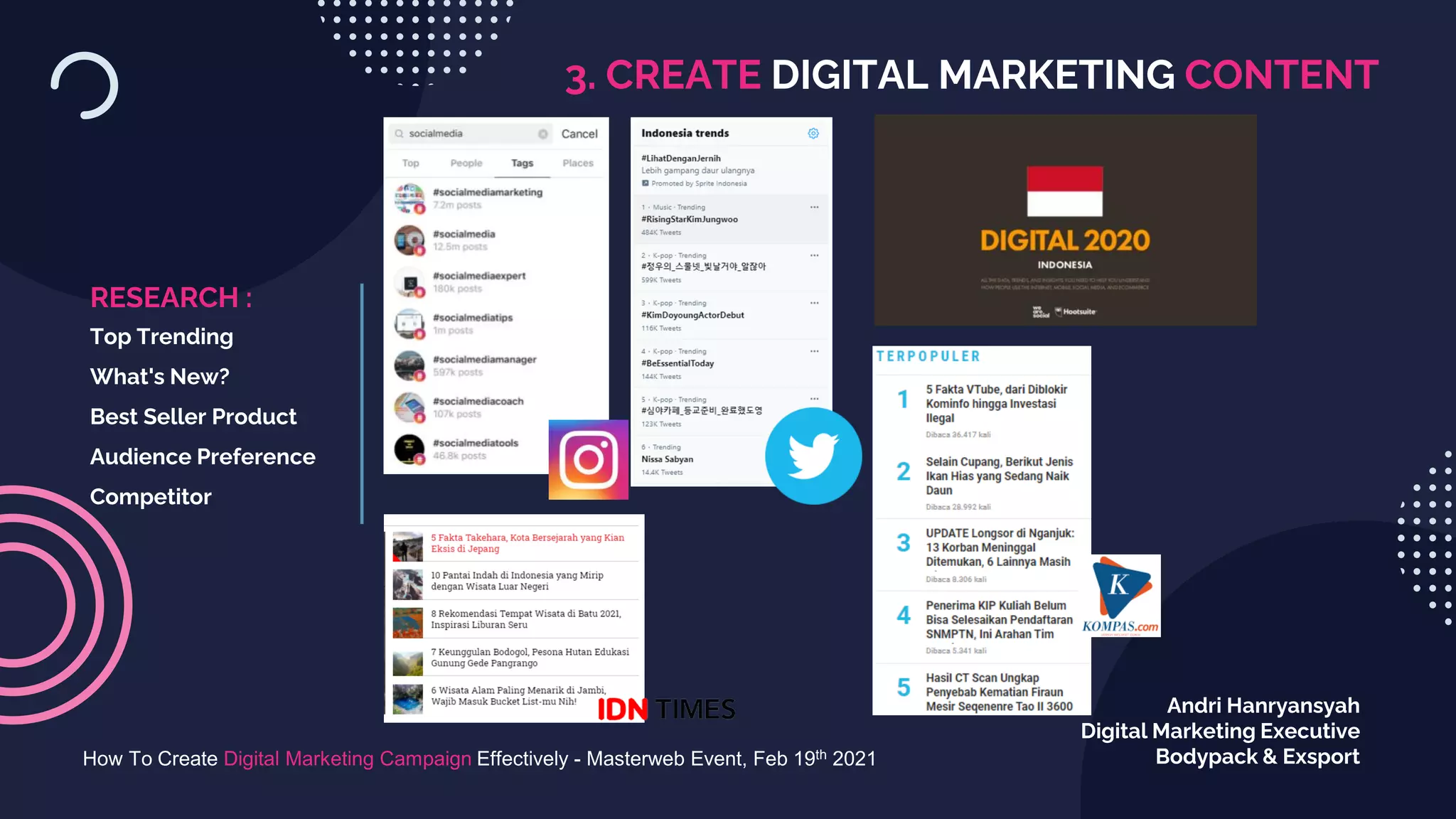 3. CREATE DIGITAL MARKETING CONTENT
How To Create Digital Marketing Campaign Effectively - Masterweb Event, Feb 19th 2021
Andri Hanryansyah
Digital Marketing Executive
Bodypack & Exsport
RESEARCH :
Top Trending
What's New?
Best Seller Product
Audience Preference
Competitor
 