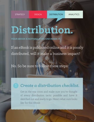Get in the war room and make sure you’ve thought
of every distribution tactic possible and have it
sketched out and ready to go. Here’s what ours looks
like for this eBook:
STRATEGY DISTRIBUTION ANALYTICS
IfaneBookispublishedonlineanditispoorly
distributed, will it make a business impact?
No. So be sure to follow these steps:
Distribution.
YOUR EBOOK IS NOTHING IF NO ONE READS IT.
DESIGN
Create a distribution checklist.1
 