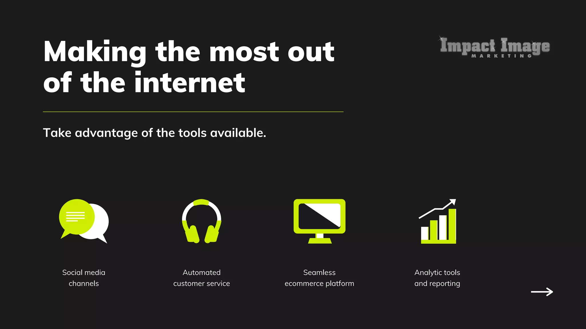 Take advantage of the tools available.
Making the most out
of the internet
Social media
channels
Automated
customer service
Seamless
ecommerce platform
Analytic tools
and reporting
 
