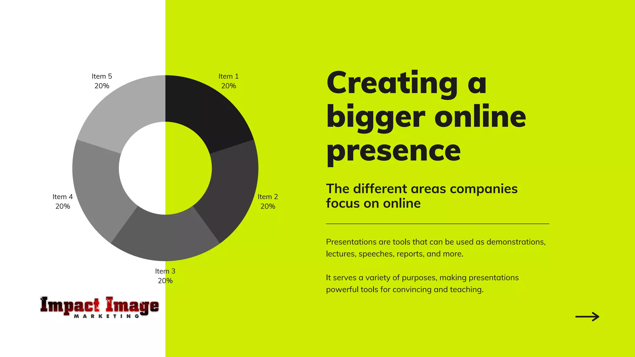 Creating a
bigger online
presence
Presentations are tools that can be used as demonstrations,
lectures, speeches, reports, and more.
It serves a variety of purposes, making presentations
powerful tools for convincing and teaching.
The different areas companies
focus on online
Item 1
20%
Item 2
20%
Item 3
20%
Item 4
20%
Item 5
20%
 