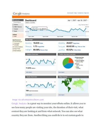 Google Analytics
image via adventuretravelnews.com
Google Analytics is a great way to monitor yourefforts online. It allows you to
see how many people are visiting yoursite, the duration of their visit, what
 