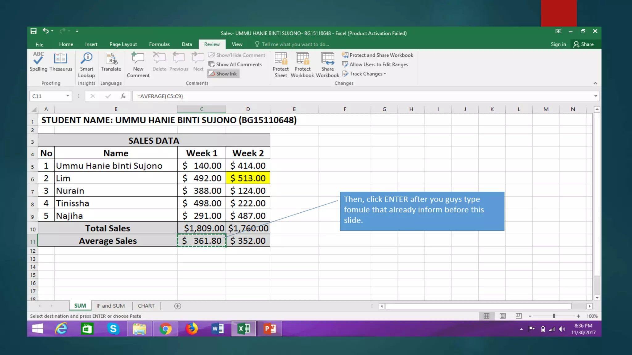 How to create formula using average function in the excel ppt