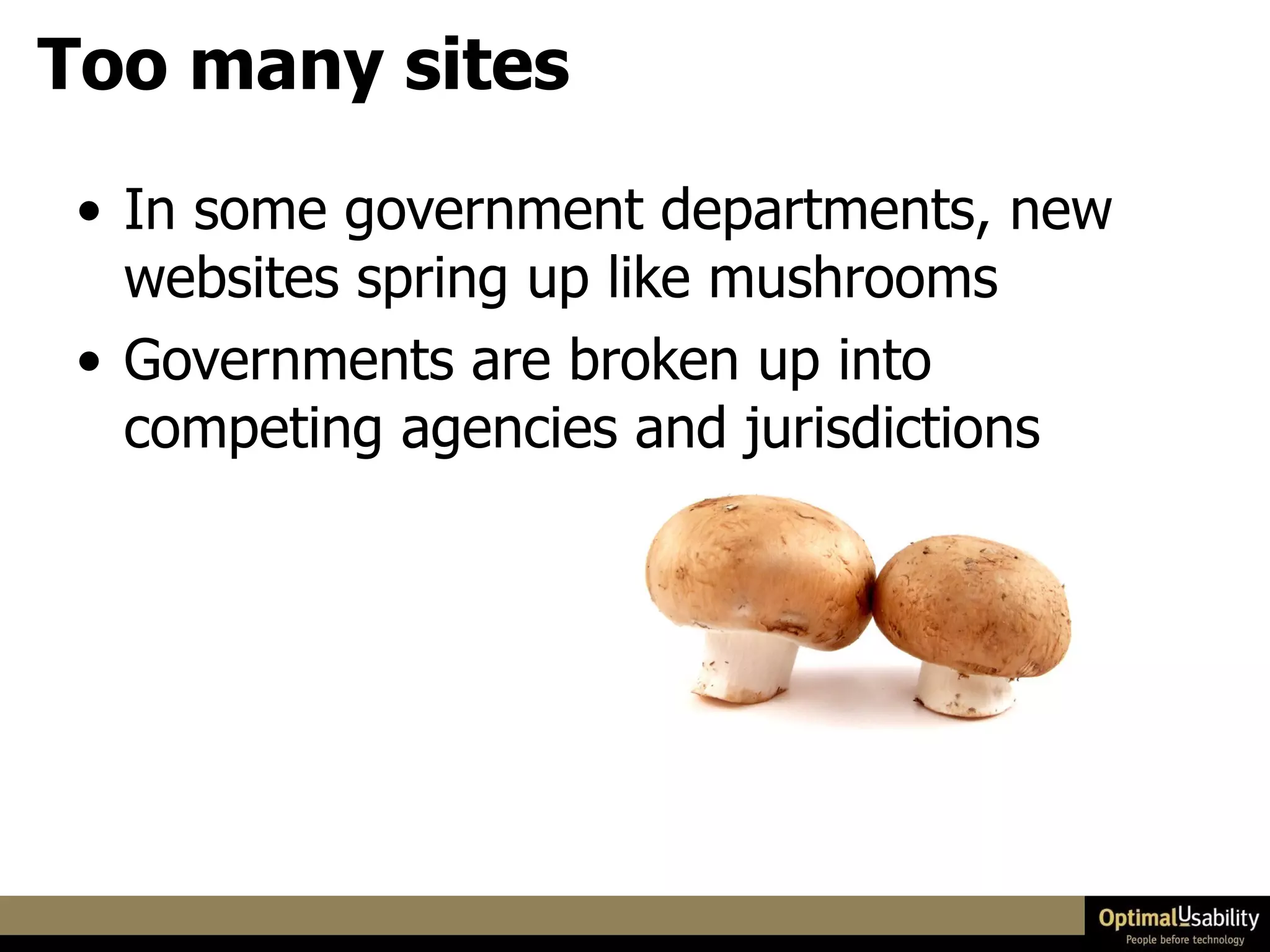In some government departments, new websites spring up like mushrooms Governments are broken up into competing agencies and jurisdictions Too many sites 