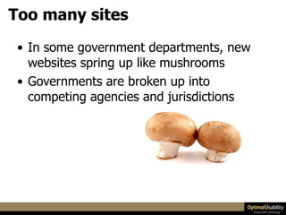 <ul><li>In some government departments, new websites spring up like mushrooms </li></ul><ul><li>Governments are broken up ...