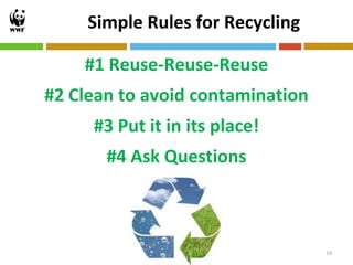 Simple Rules for Recycling

    #1 Reuse-Reuse-Reuse
#2 Clean to avoid contamination
     #3 Put it in its place!
       #4 Ask Questions



                                  10
 