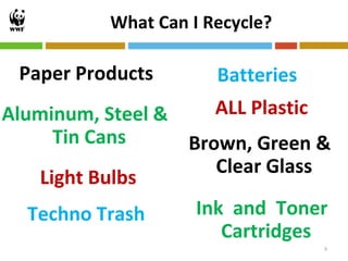 What Can I Recycle?

 Paper Products       Batteries
Aluminum, Steel &    ALL Plastic
      Tin Cans    Brown, Green &
                     Clear Glass
    Light Bulbs
   Techno Trash    Ink and Toner
                      Cartridges
                                  9
 