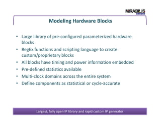 Modeling Hardware Blocks
• Large library of pre-configured parameterized hardware
blocks
• RegEx functions and scripting language to create
custom/proprietary blocks
• All blocks have timing and power information embedded• All blocks have timing and power information embedded
• Pre-defined statistics available
• Multi-clock domains across the entire system
• Define components as statistical or cycle-accurate
Largest, fully open IP library and rapid custom IP generator
 