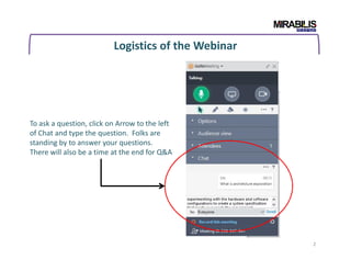 Logistics of the Webinar
To ask a question, click on Arrow to the left
of Chat and type the question. Folks are
2
of Chat and type the question. Folks are
standing by to answer your questions.
There will also be a time at the end for Q&A
 
