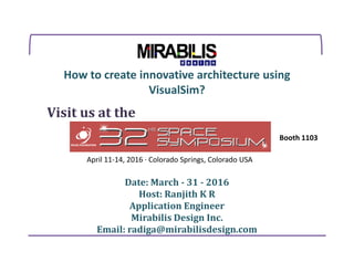 How to create innovative architecture using
VisualSim?
Visit us at the
Booth 1103
Date: March - 31 - 2016
Host: Ranjith K R
Application Engineer
Mirabilis Design Inc.
Email: radiga@mirabilisdesign.com
April 11-14, 2016 · Colorado Springs, Colorado USA
Booth 1103
 