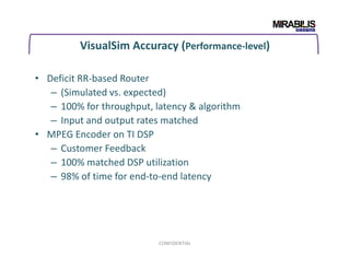 VisualSim Accuracy (Performance-level)
• Deficit RR-based Router
– (Simulated vs. expected)
– 100% for throughput, latency & algorithm
– Input and output rates matched
• MPEG Encoder on TI DSP
CONFIDENTIAL
• MPEG Encoder on TI DSP
– Customer Feedback
– 100% matched DSP utilization
– 98% of time for end-to-end latency
 
