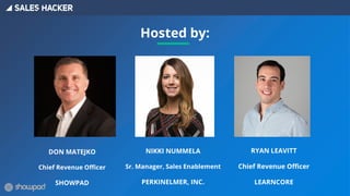 Hosted by:
DON MATEJKO
Chief Revenue Officer
SHOWPAD
NIKKI NUMMELA
Sr. Manager, Sales Enablement
PERKINELMER, INC.
RYAN LEAVITT
Chief Revenue Officer
LEARNCORE
 