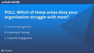 POLL: Which of these areas does your
organization struggle with most?
A. Content Management
B. Coaching & Training
C. Customer Engagement
 