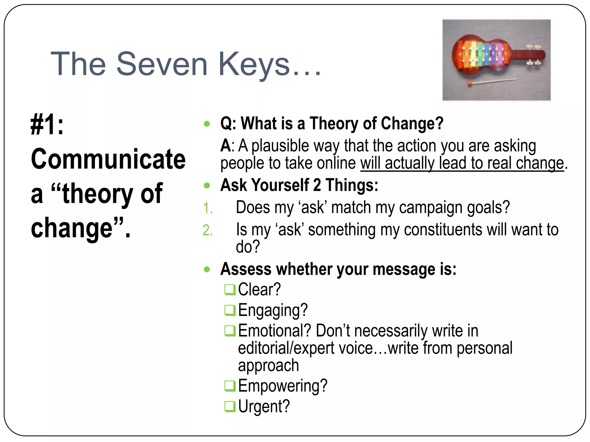 Two Core Principles:Build a narrative: tell a story in each email and from email-to-email in a campaignThink story arc (make Gunner proud!)